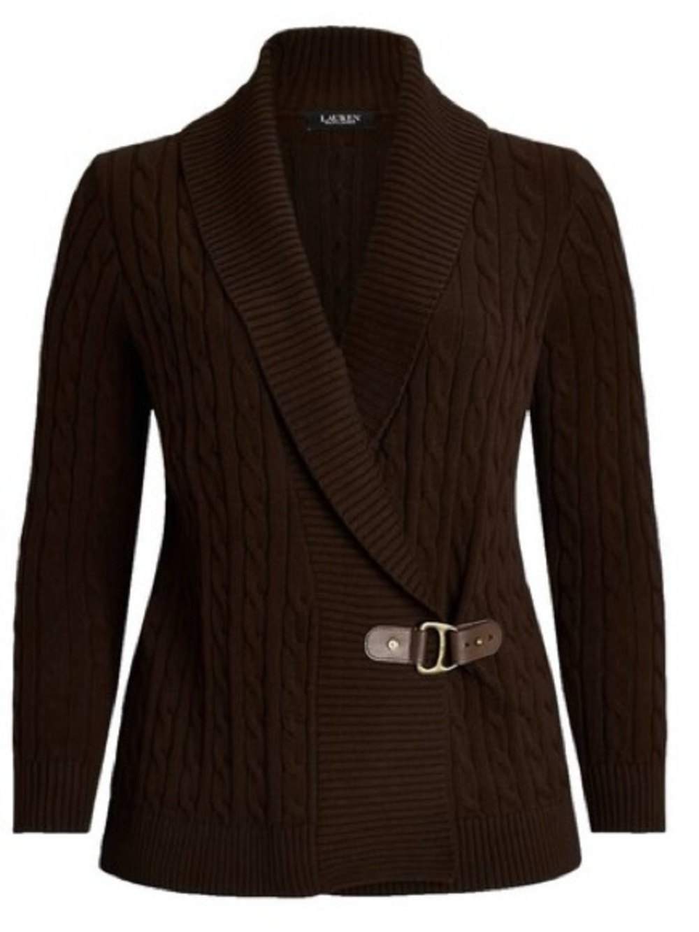Lauren Ralph Lauren Buckled Brown Cable-Knit Shawl-Collar Sweater